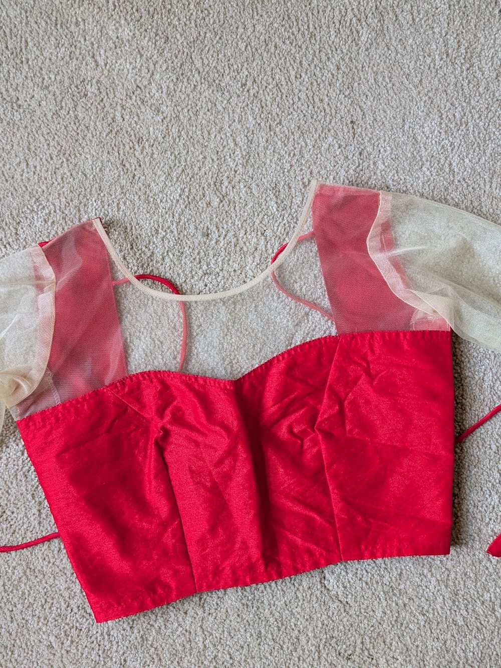 Red Sheer-Sleeve Saree Bandeau Top